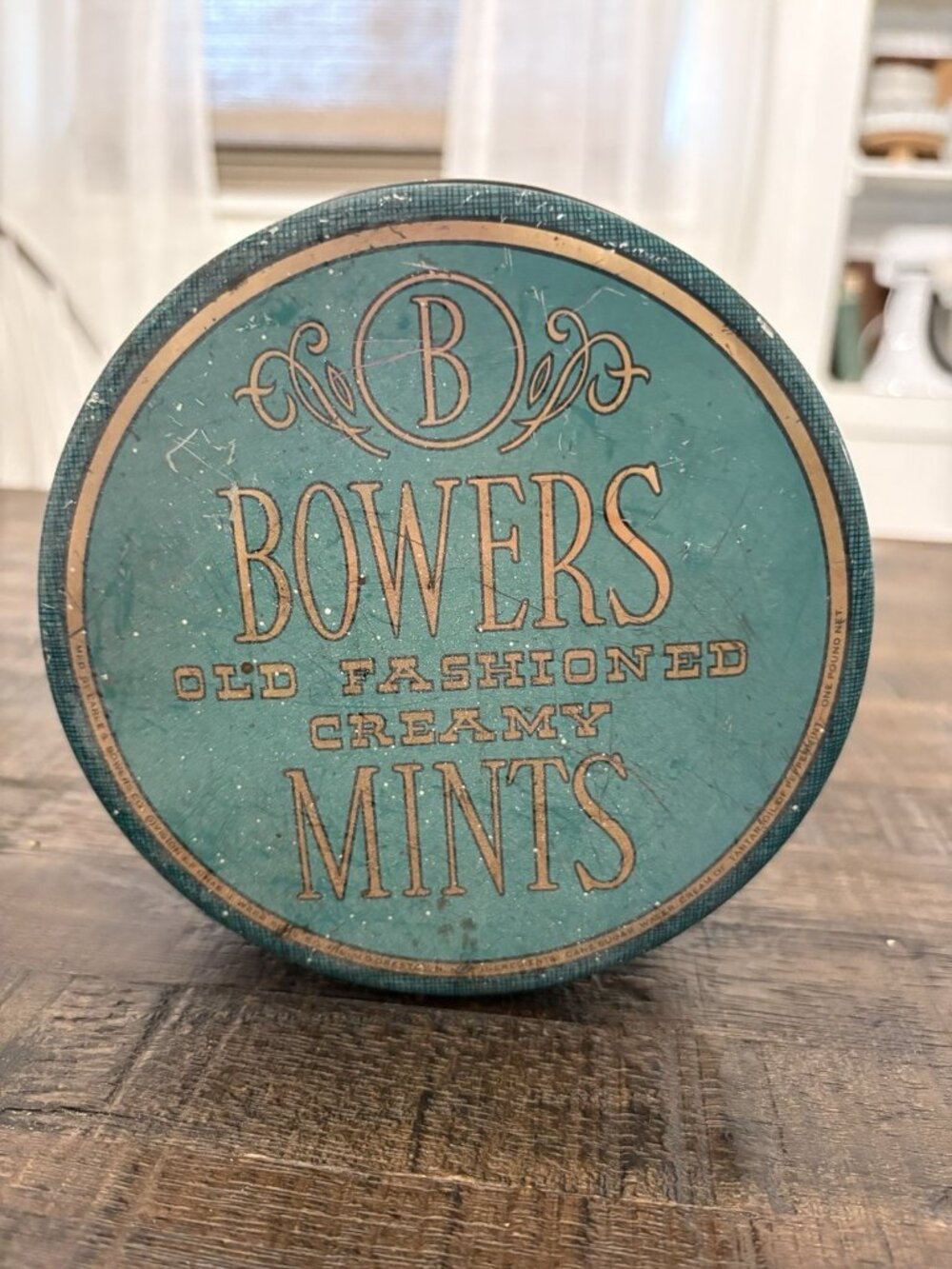 Vintage Rustic Cookie Tin Bowers Old Fashioned Creamy Mints teal Gold